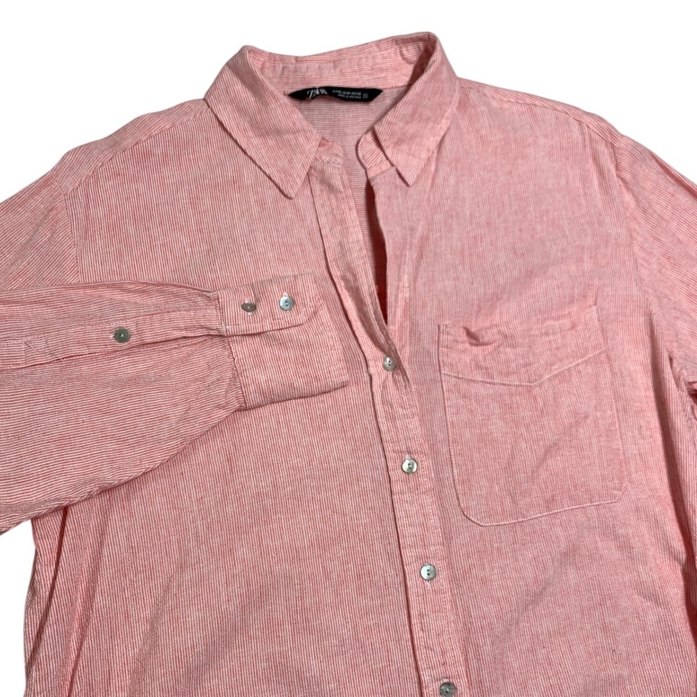 ZARA Striped Linen Blend Button Down Shirt Coral White Long Sleeve Casual Size M